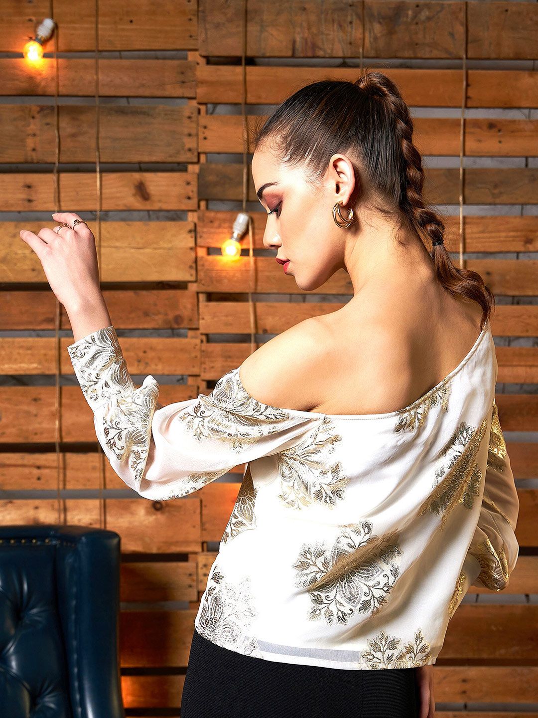 SASSAFRAS White & Gold-Toned Cuffed Sleeves Floral Printed One Shoulder Top