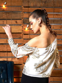 SASSAFRAS White & Gold-Toned Cuffed Sleeves Floral Printed One Shoulder Top
