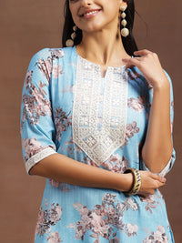 Libas Floral Printed Regular Thread Work Kurta With Trousers & Dupatta