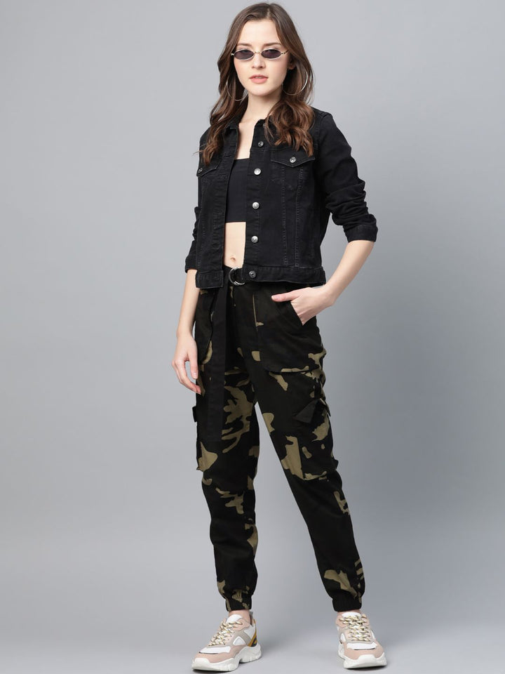 STREET 9 Women Olive Green & Brown Camouflage Print Cargos