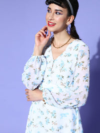 Berrylush Women Floral Print Chiffon Puff Sleeves Mini Dress