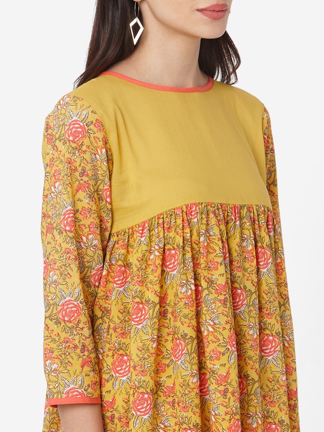 KALINI Floral Printed Three-Quarter Sleeves Cotton A-Line Dress