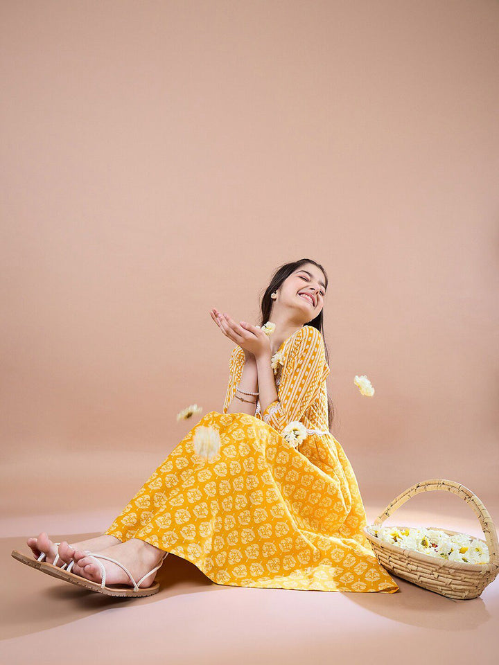 pspeaches Girls Ethnic Motifs Print Cotton V-Neck A-Line Midi Dress
