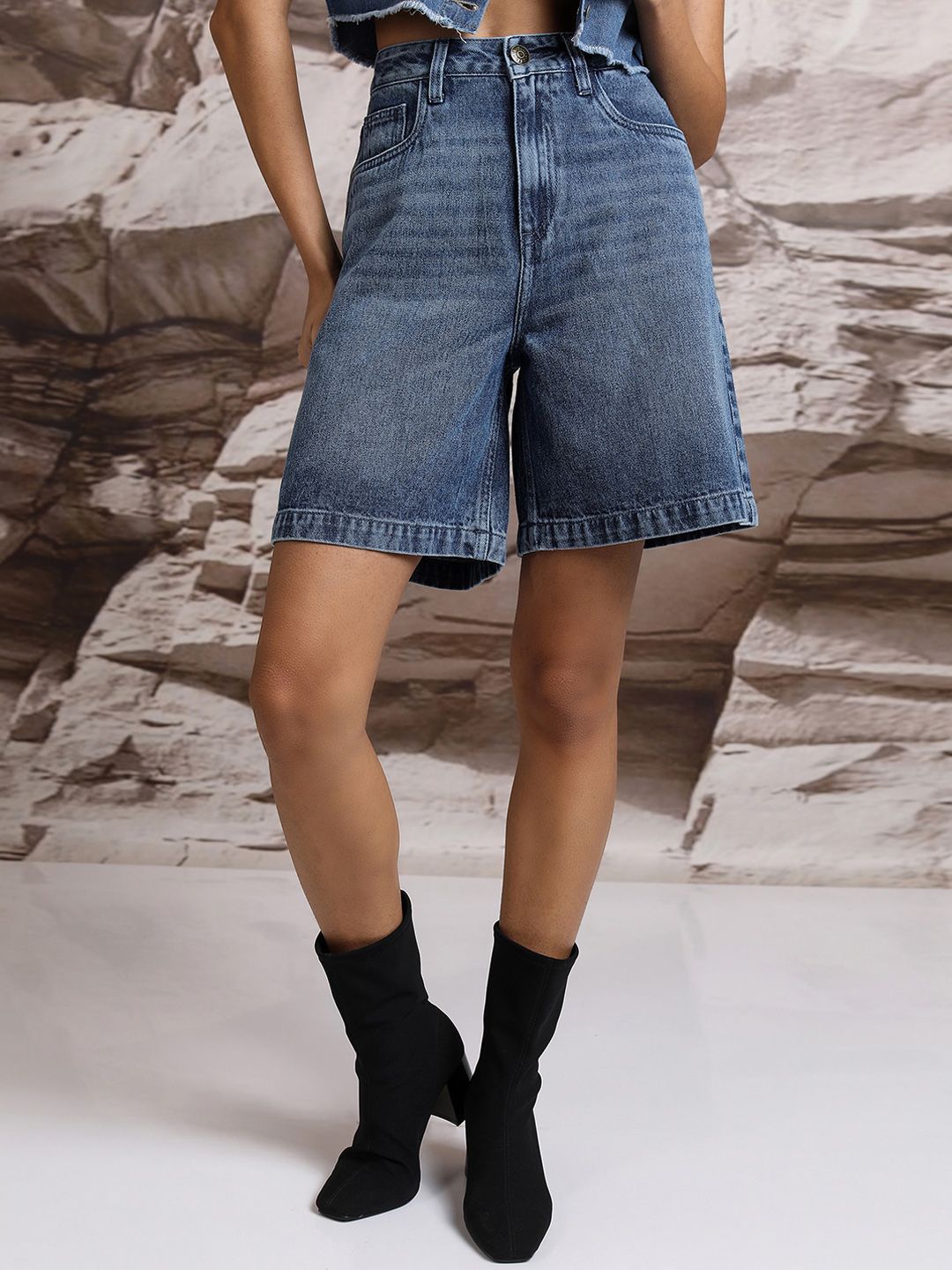 Tokyo Talkies Women Blue High Rise Cotton Denim Shorts