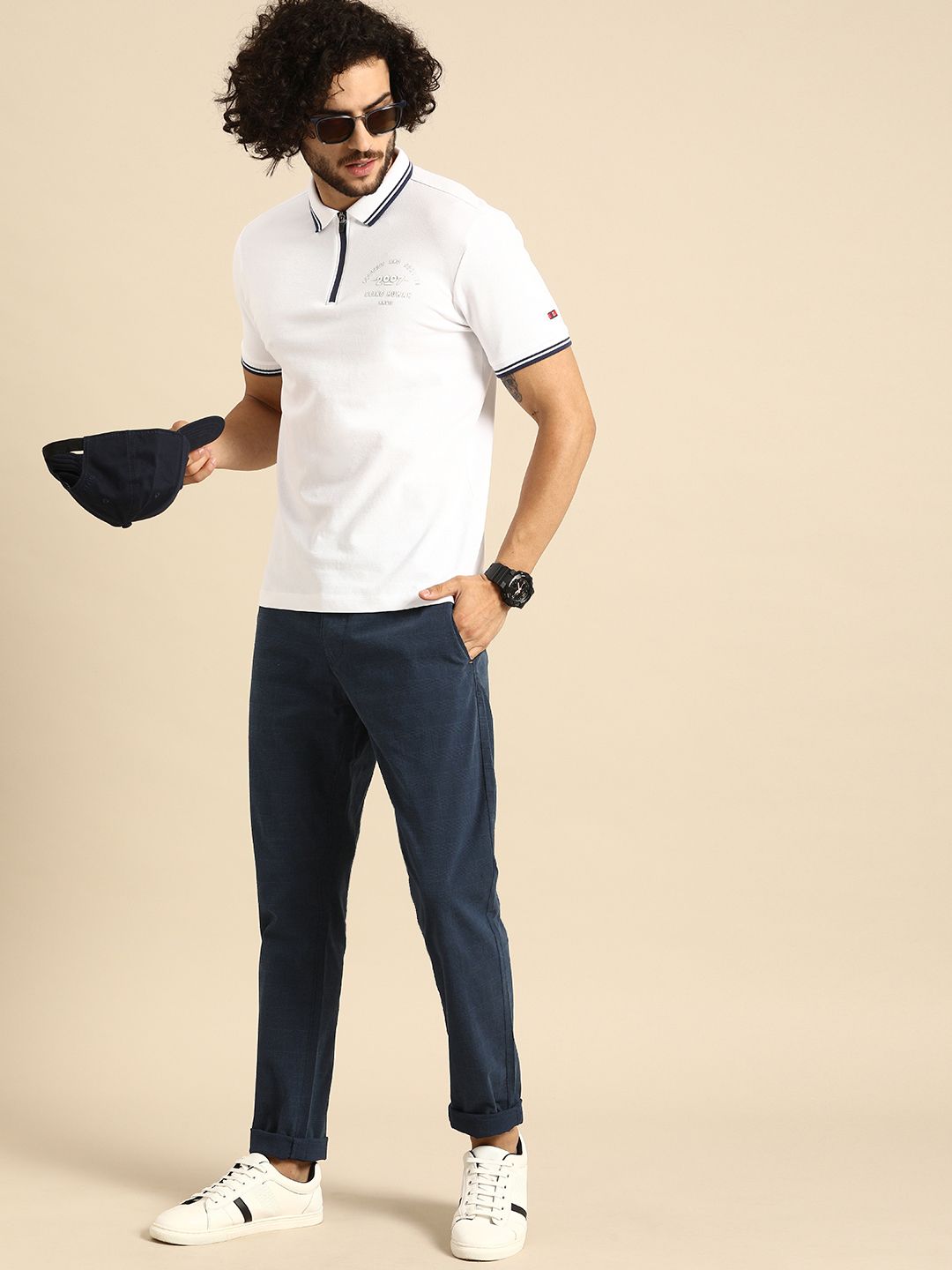 Being Human Men Navy Blue Regular Fit Checked Chinos
