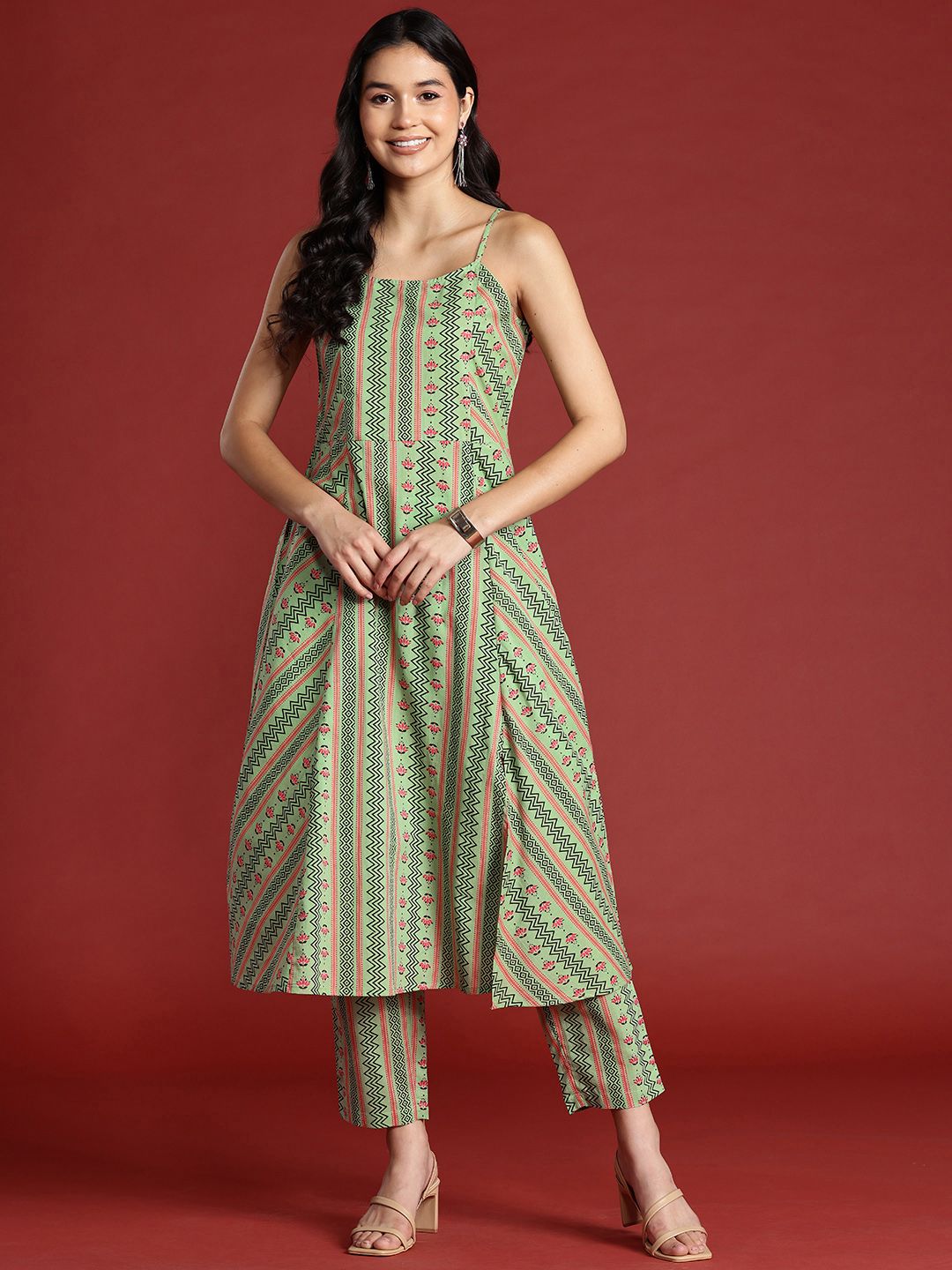 Anouk Printed Pure Cotton A-Line Kurta with Trousers