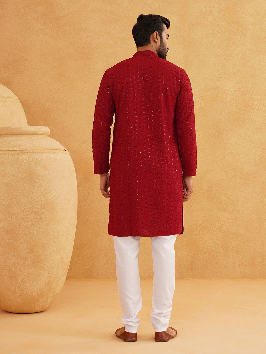 SOJANYA Kolar Mandarin Sulam Geometrik Lengan Panjang Kurta Kapas Tulen Dengan Churidar