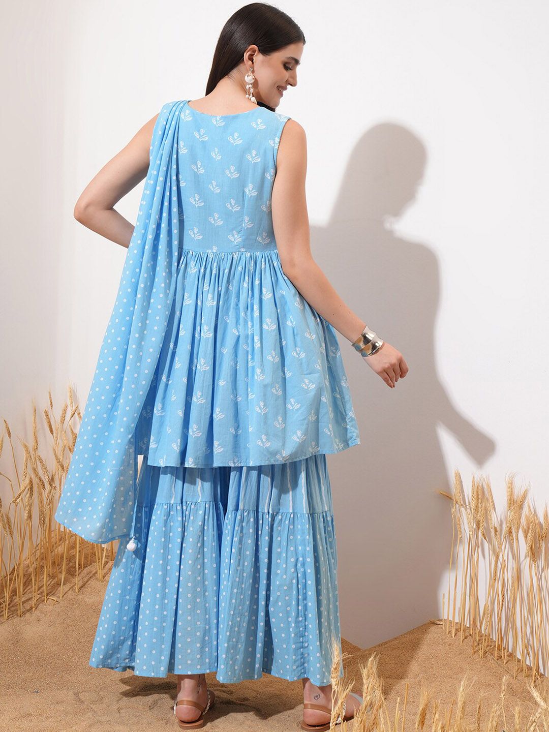 Vishudh Blue Floral Printed Sleeveless Pure Cotton A-Line Kurta With Sharara & Dupatta