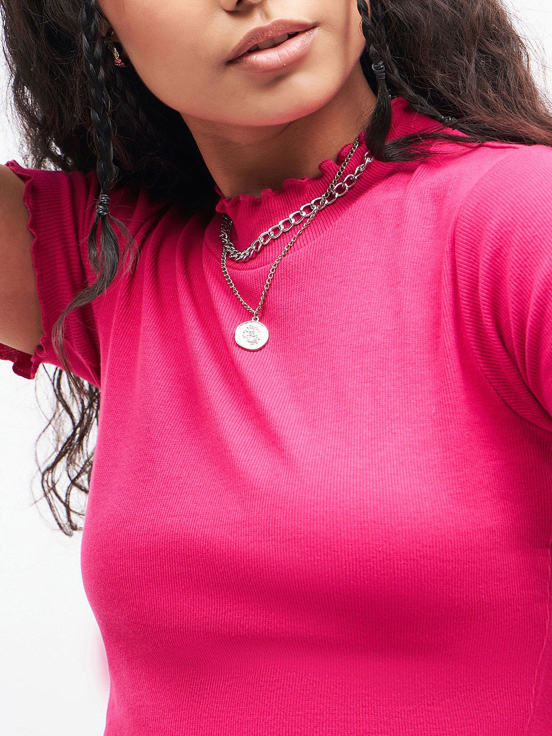 Sassafras Fuchsia Pink Ribbed High Neck Fitted Crop Top