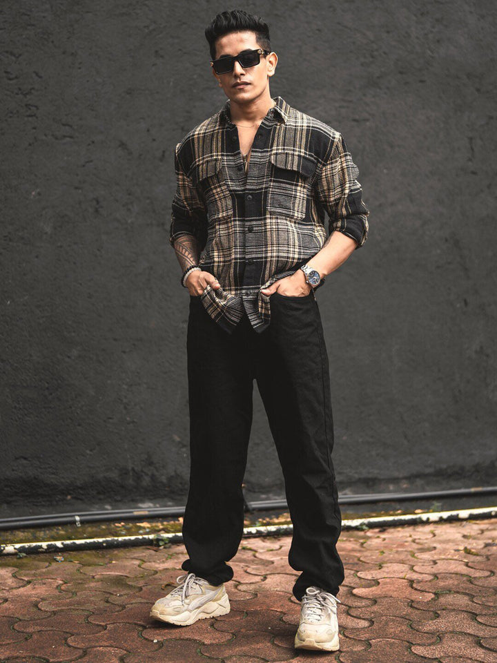 Powerlook Black India Slim Tartan Checked Oversized Casual Shirt