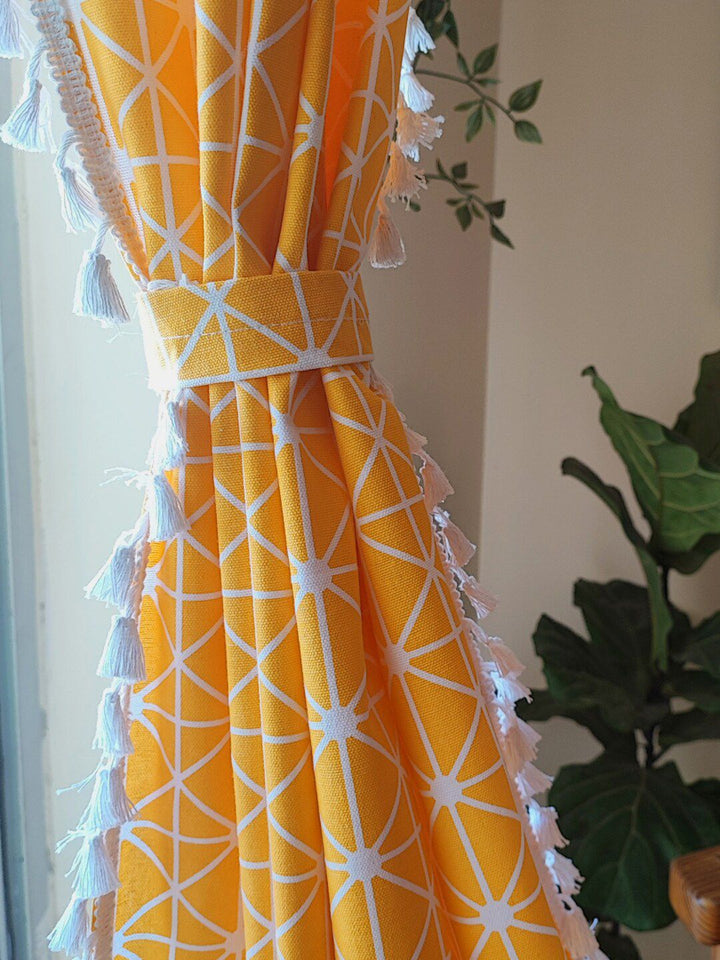 URBAN SPACE Boho Yellow & White Geometric Printed Cotton Long Door Curtain