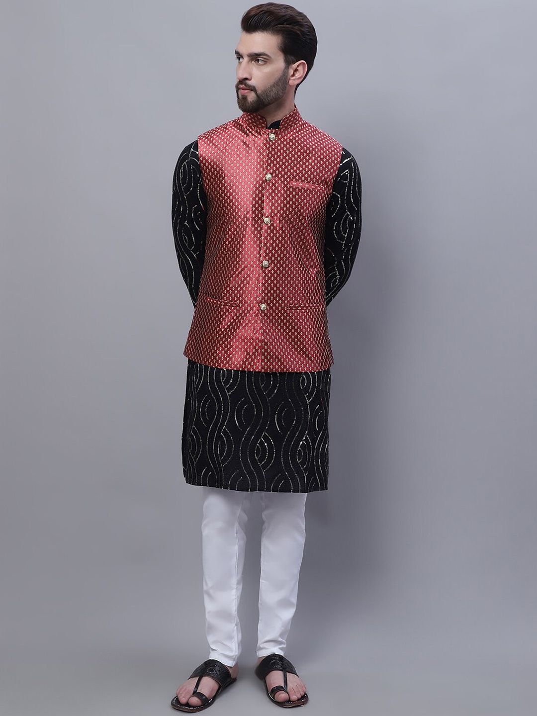SOJANYA Kurta Lurus Sulam Labuci Kapas Tulen Dengan Jaket Churidar Dan Nehru
