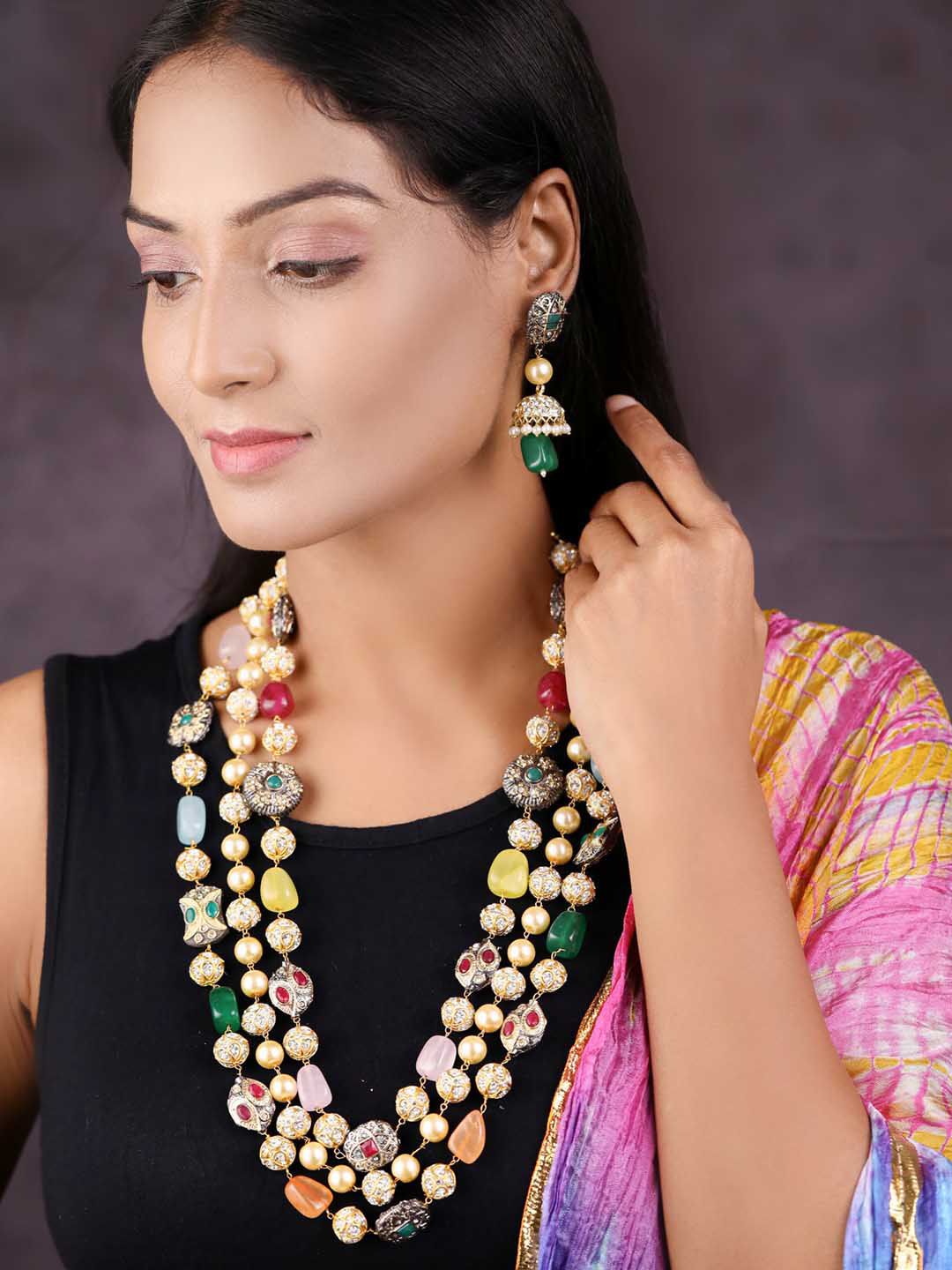 Priyaasi Gold-Plated Kundan-Studded & Pearl-Beaded Tripal-Stranded Handcrafted Jewellery Set