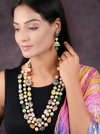 Priyaasi Gold-Plated Kundan-Studded & Pearl-Beaded Tripal-Stranded Handcrafted Jewellery Set