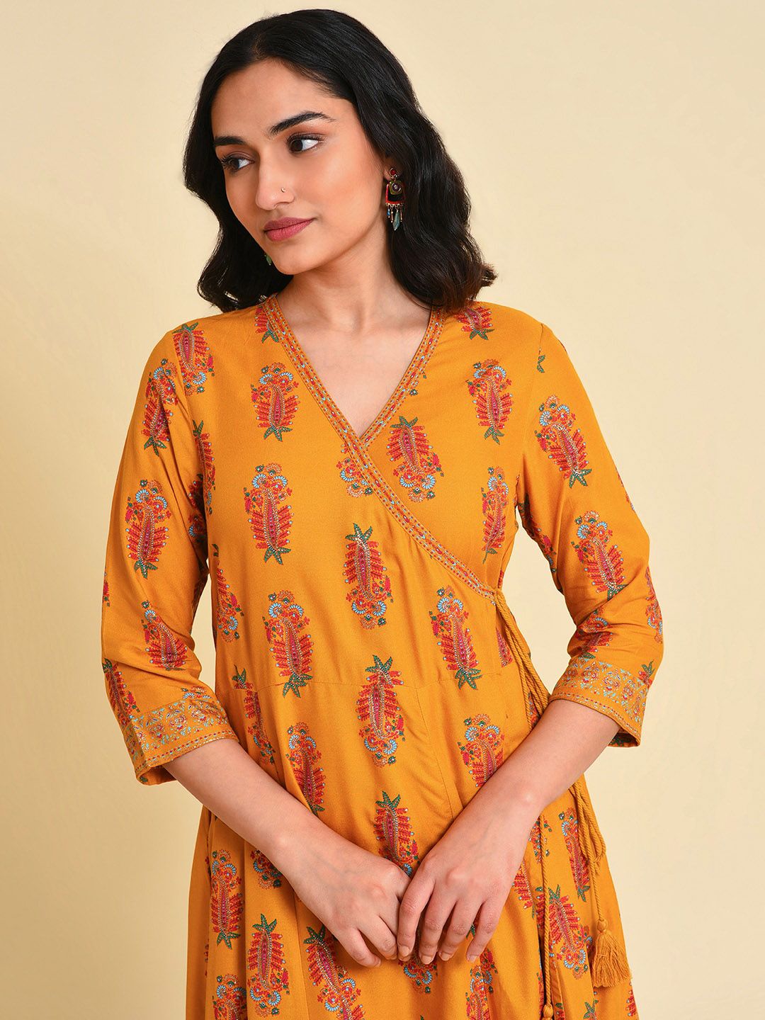 W V-Neck Angrakha Ethnic Motifs Printed A-Line Kurta with Trousers