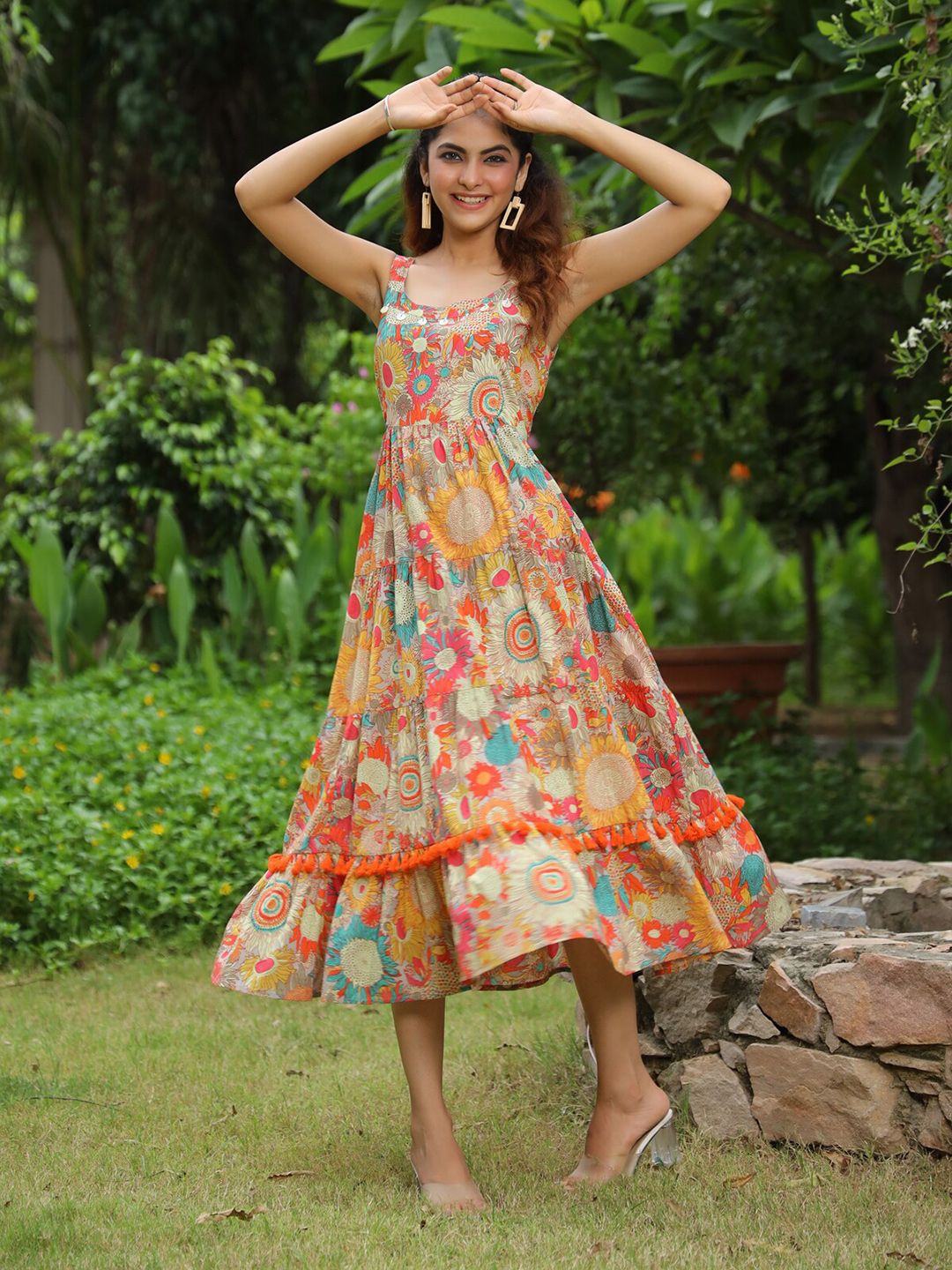 Rain & Rainbow Shoulder Strapped Floral Printed Fit and Flared Pure Cotton Midi Dress