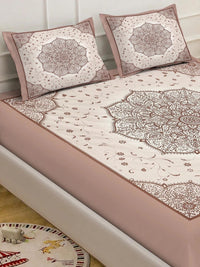 Moda Rapido X KLOTTHE Cream-Coloured & Brown Floral 400 TC King Bedsheet with 2 Pillow Covers