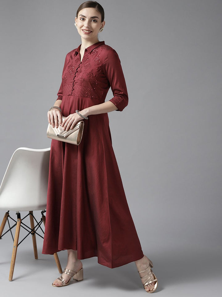 W Maroon Ethnic Motifs Embroidered Maxi Dress