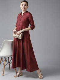 W Maroon Ethnic Motifs Embroidered Maxi Dress