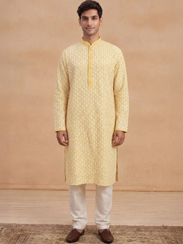 House of Chikankari Lelaki Rekaan Tenun Kurta Kapas Kolar Mandarin
