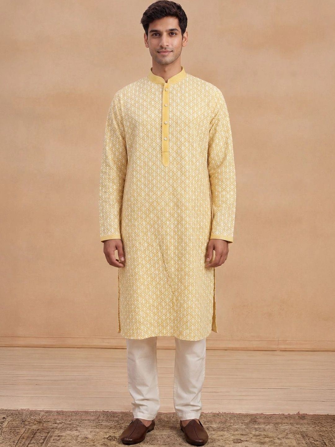 House of Chikankari Lelaki Rekaan Tenun Kurta Kapas Kolar Mandarin