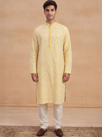 House of Chikankari Lelaki Rekaan Tenun Kurta Kapas Kolar Mandarin