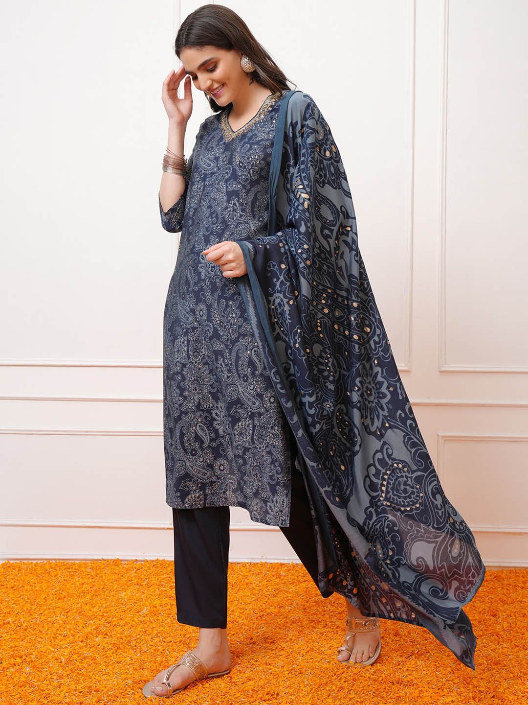 Vishudh Paisley Printed Regular Kurta with Trousers & With Dupatta