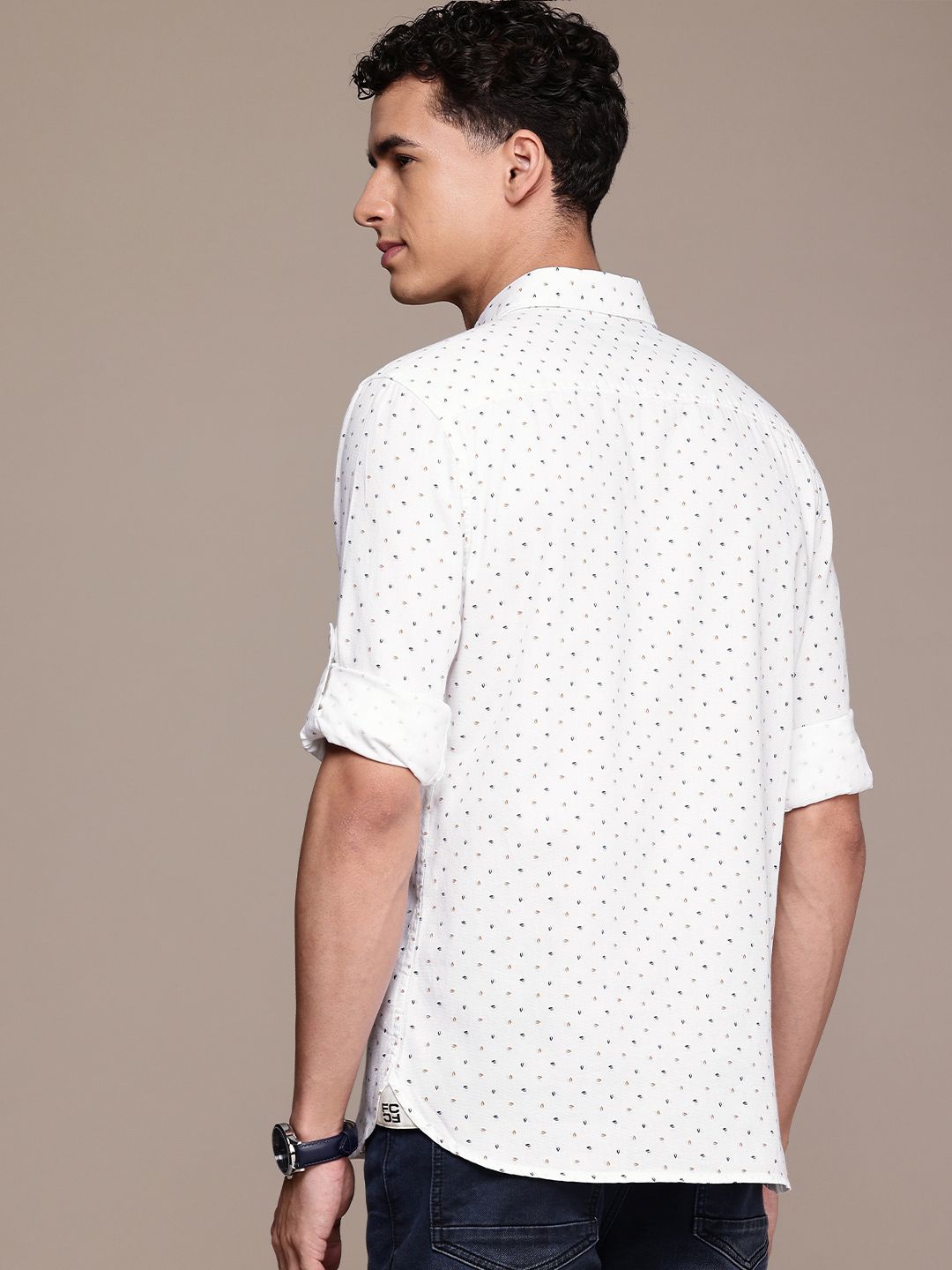 French Connection Slim Fit Micro Ditsy Printed Roll-Up Sleeves Pure Cotton Casual Shirt