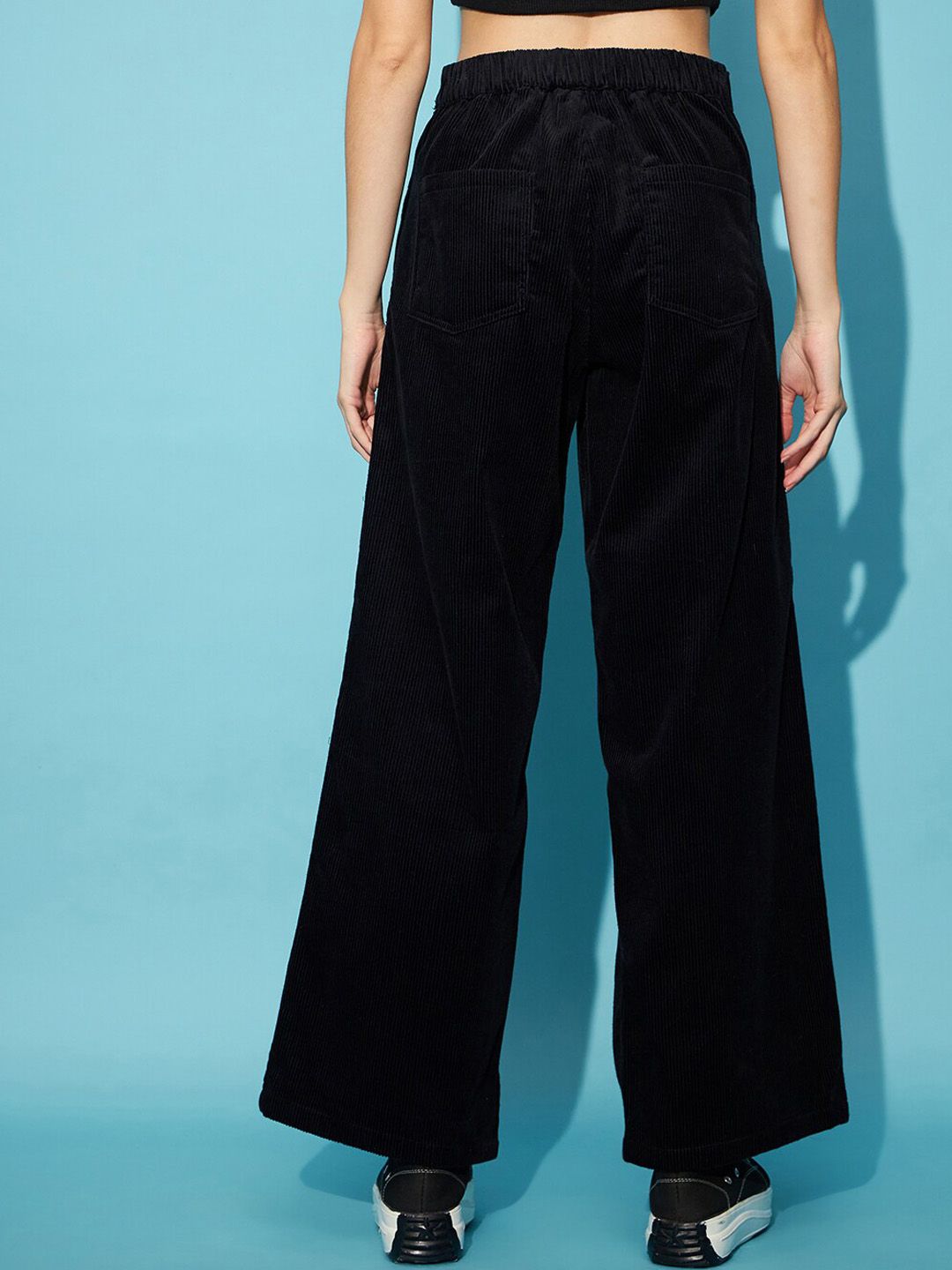 STREET 9 Women Black Flared High-Rise Corduroy Parallel Trousers