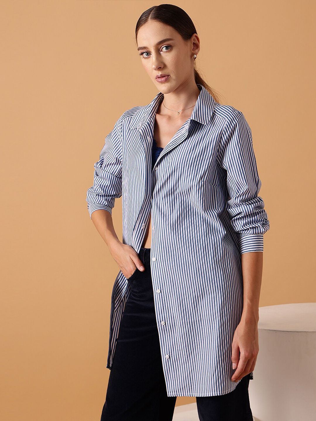 STREET 9 Comfort Oversized Striped Longline Pure Cotton Casual Shirt
