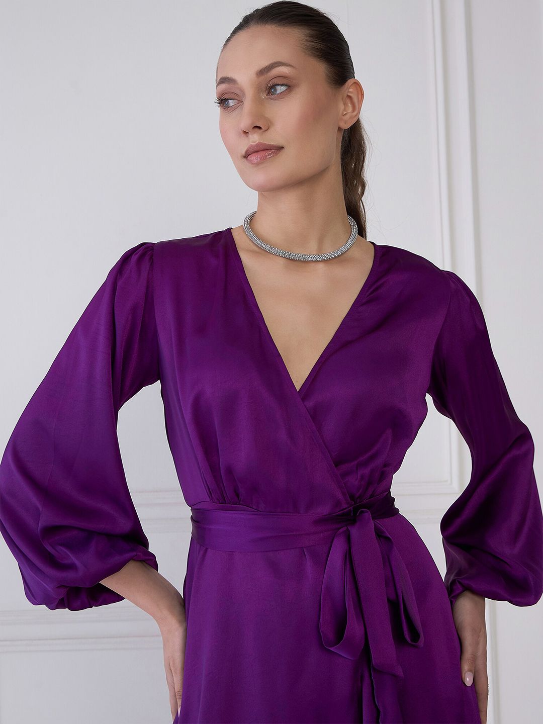 Antheaa Purple V-Neck Cuffed Sleeves Layered Satin Midi Wrap Dress