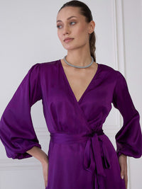 Antheaa Purple V-Neck Cuffed Sleeves Layered Satin Midi Wrap Dress