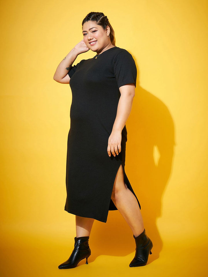 SASSAFRAS Curve Plus Size Black Sheath Midi Dress