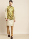 SOJANYA Men Cream-Coloured & Lime Green Kurta with Churidar & Nehru Jacket