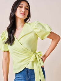 AND Women Solid Puff Sleeve Cotton Wrap Top