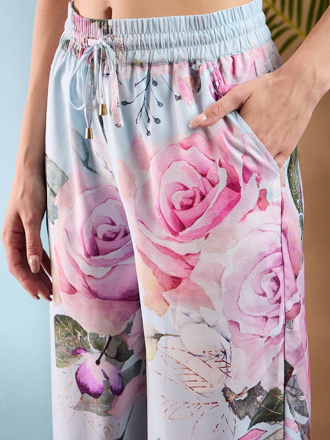 SASSAFRAS Blue Floral Printed Shawl Collar Top With Trousers