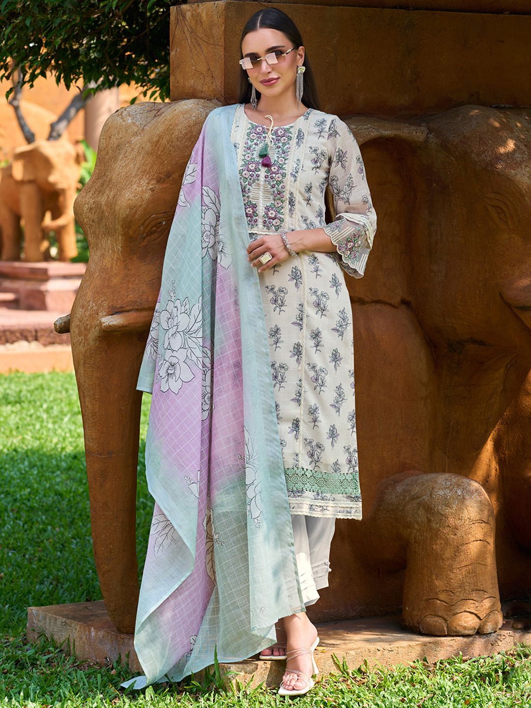 Indo Era Floral Printed Regular Thread Work Pure Cotton Kurta with Trousers & With Dupatta