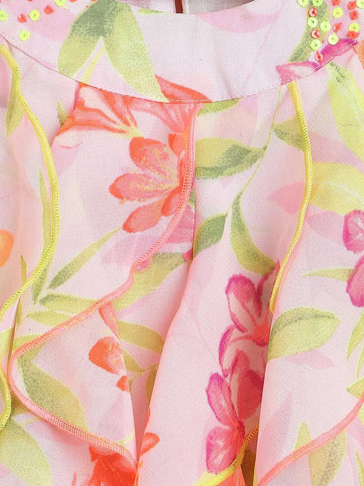 Nauti Nati Pink & Yellow Floral Georgette A-Line Dress
