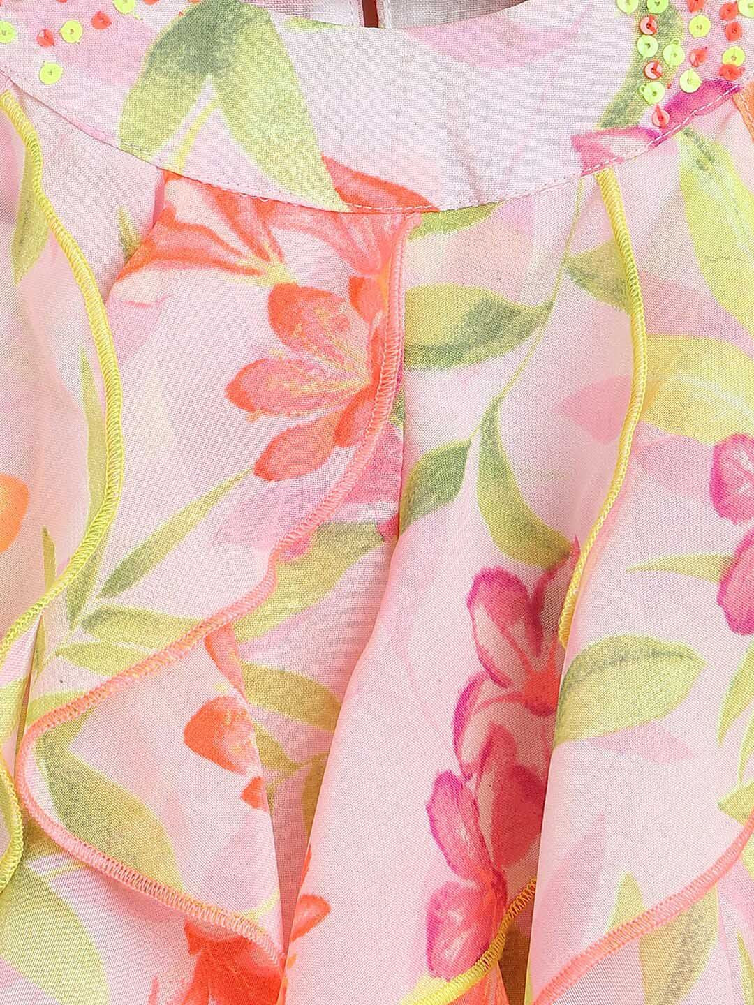 Nauti Nati Pink & Yellow Floral Georgette A-Line Dress