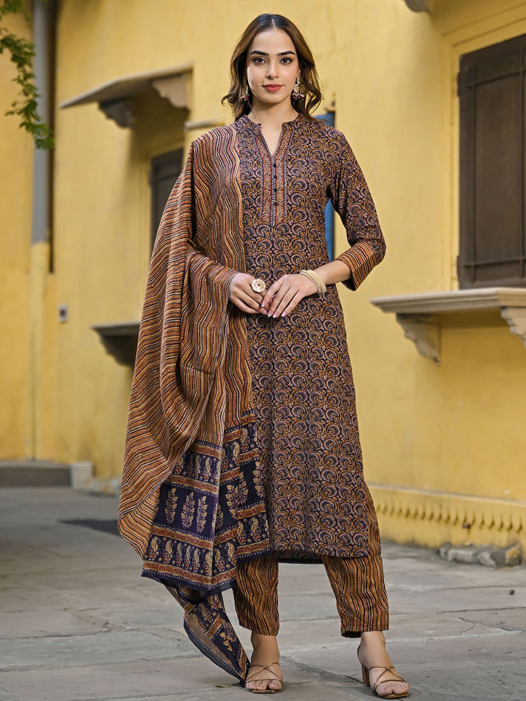 KALINI Ethnic Motifs Printed Straight Kurta With Trousers & Dupatta