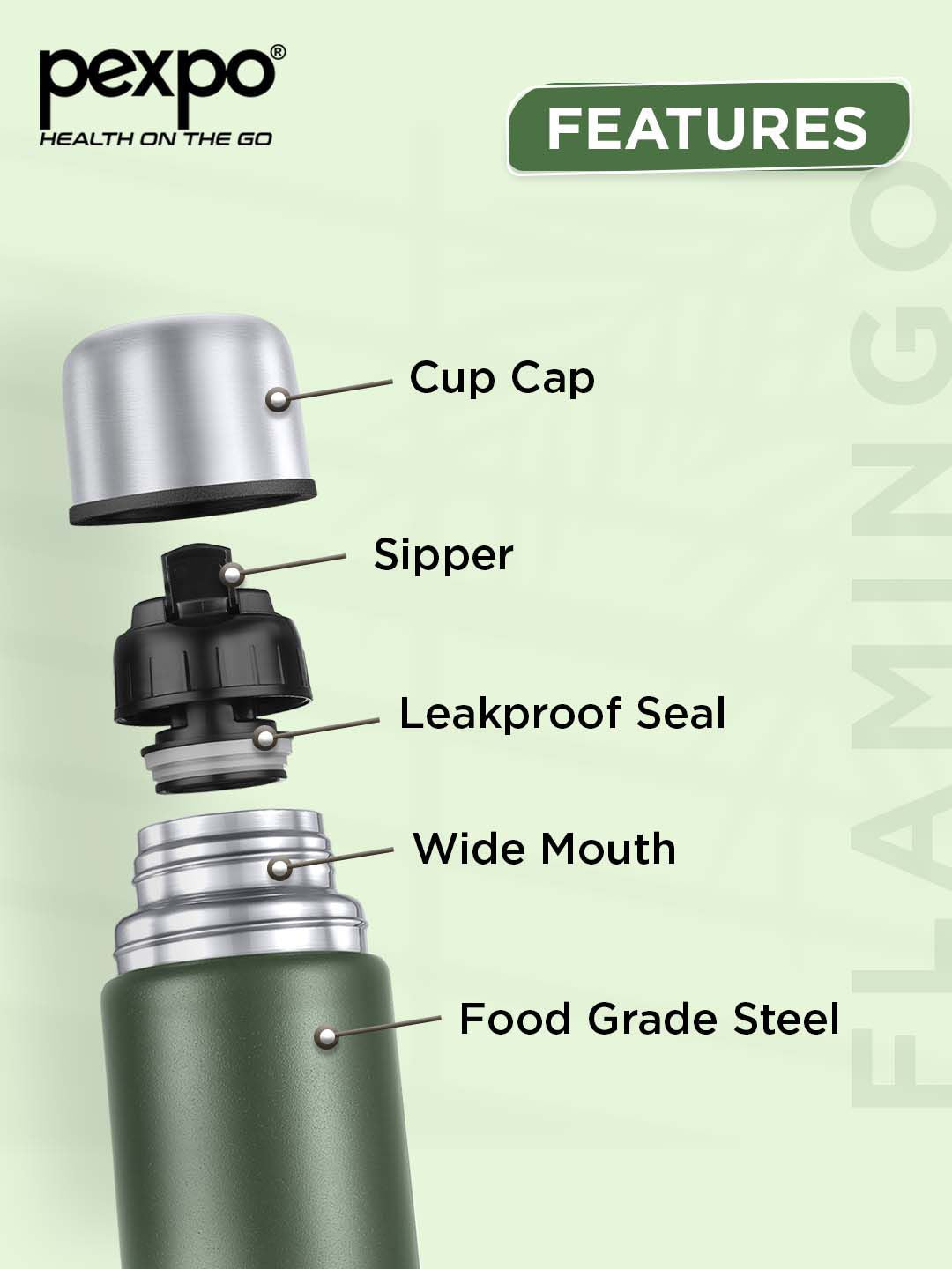 Pexpo Flamingo Green Thermosteel ISI Certified Hot Military Flask Water Bottle 1000ml