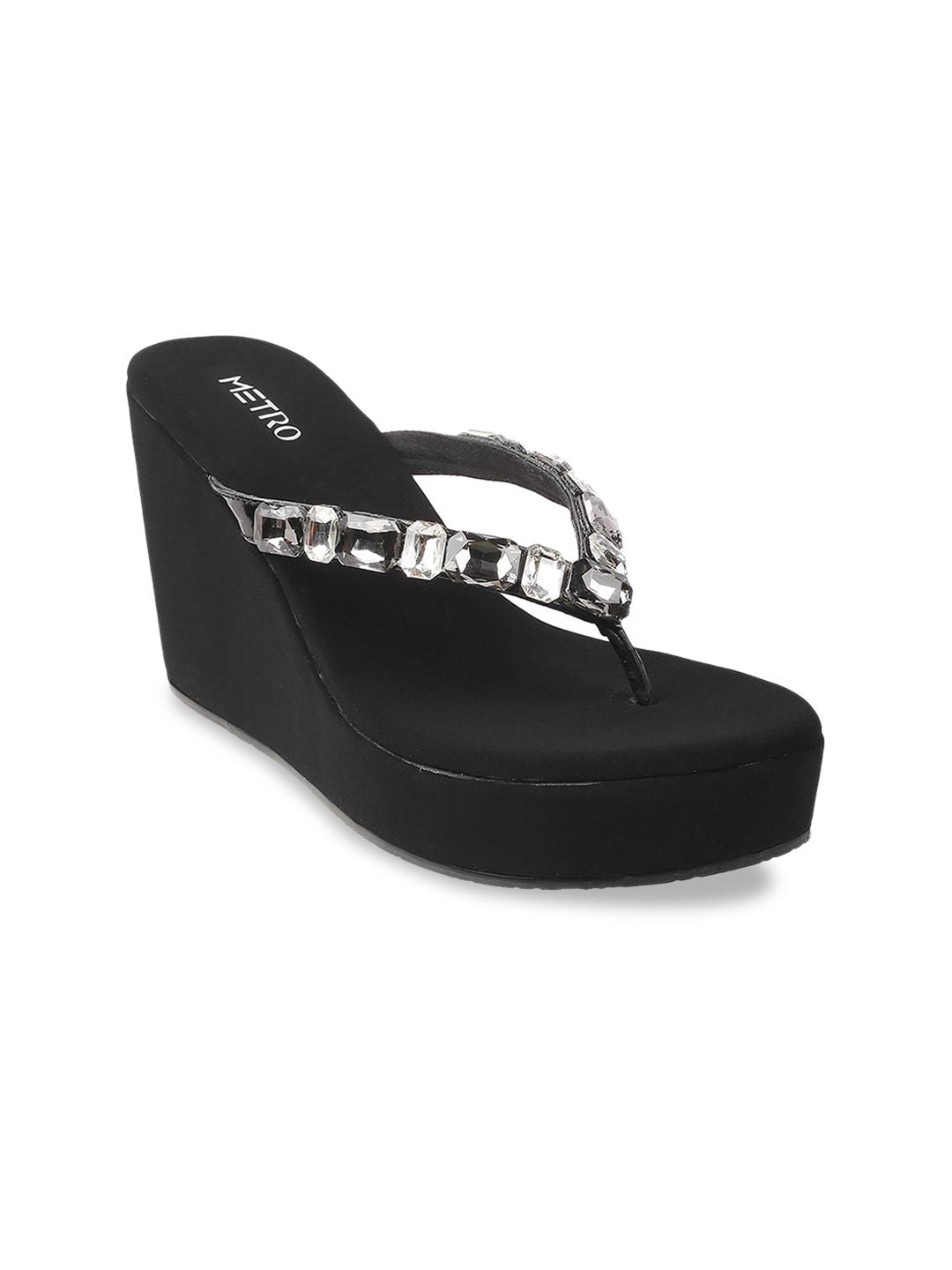 Metro Black & Silver-Toned Embellished Wedges