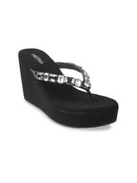 Metro Black & Silver-Toned Embellished Wedges
