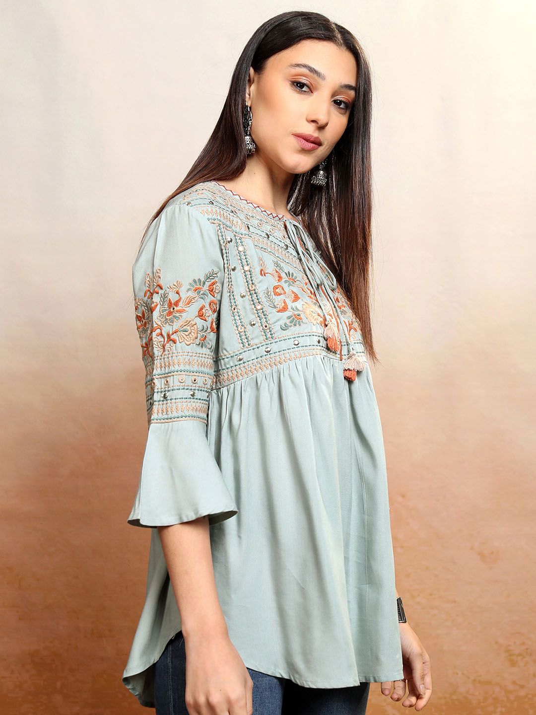 Vishudh Floral Embroidered Tie-Up Neck Bell Sleeves A-Line Kurti