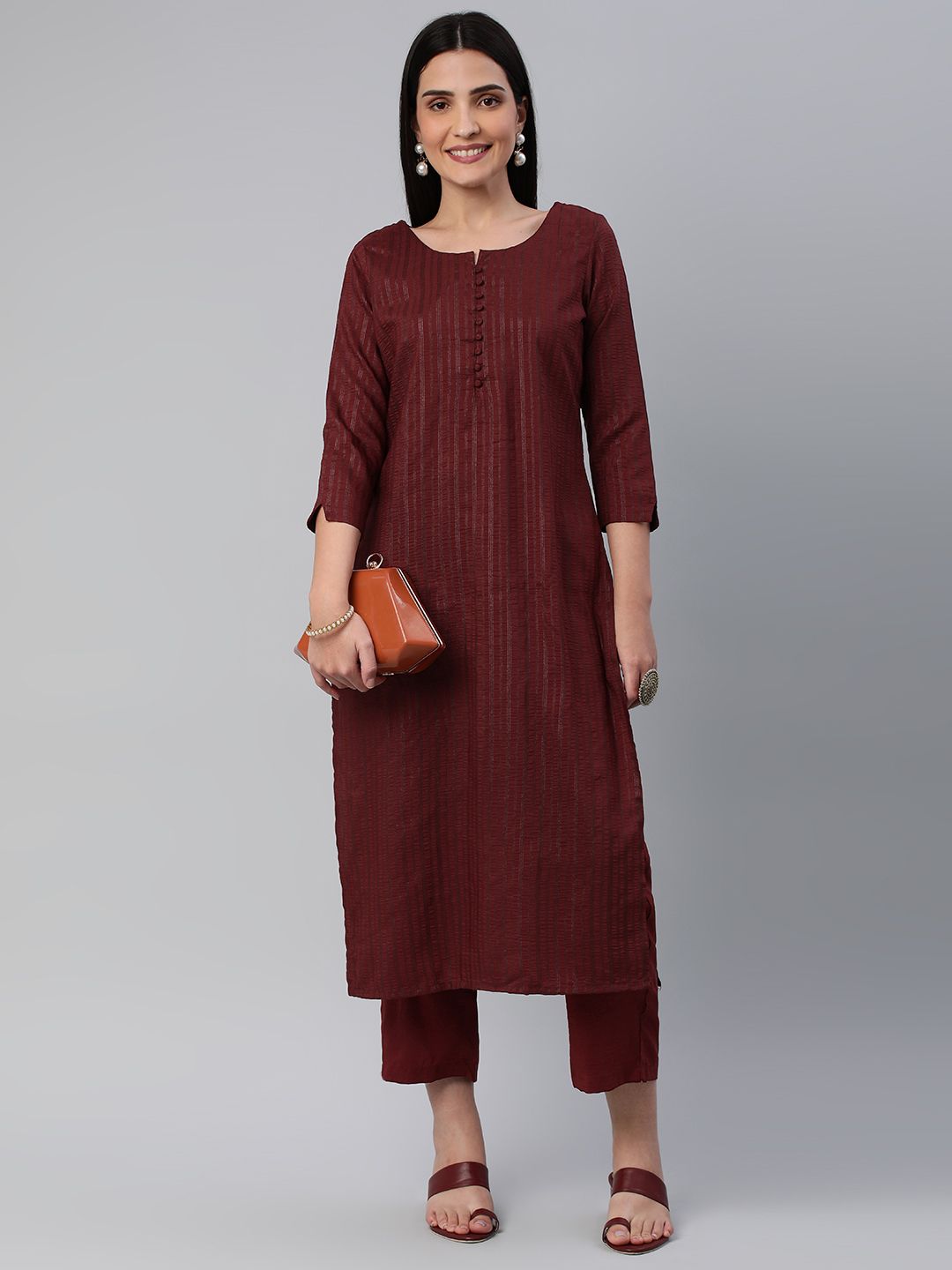 KALINI Striped Round Neck Straight Kurta With Trousers