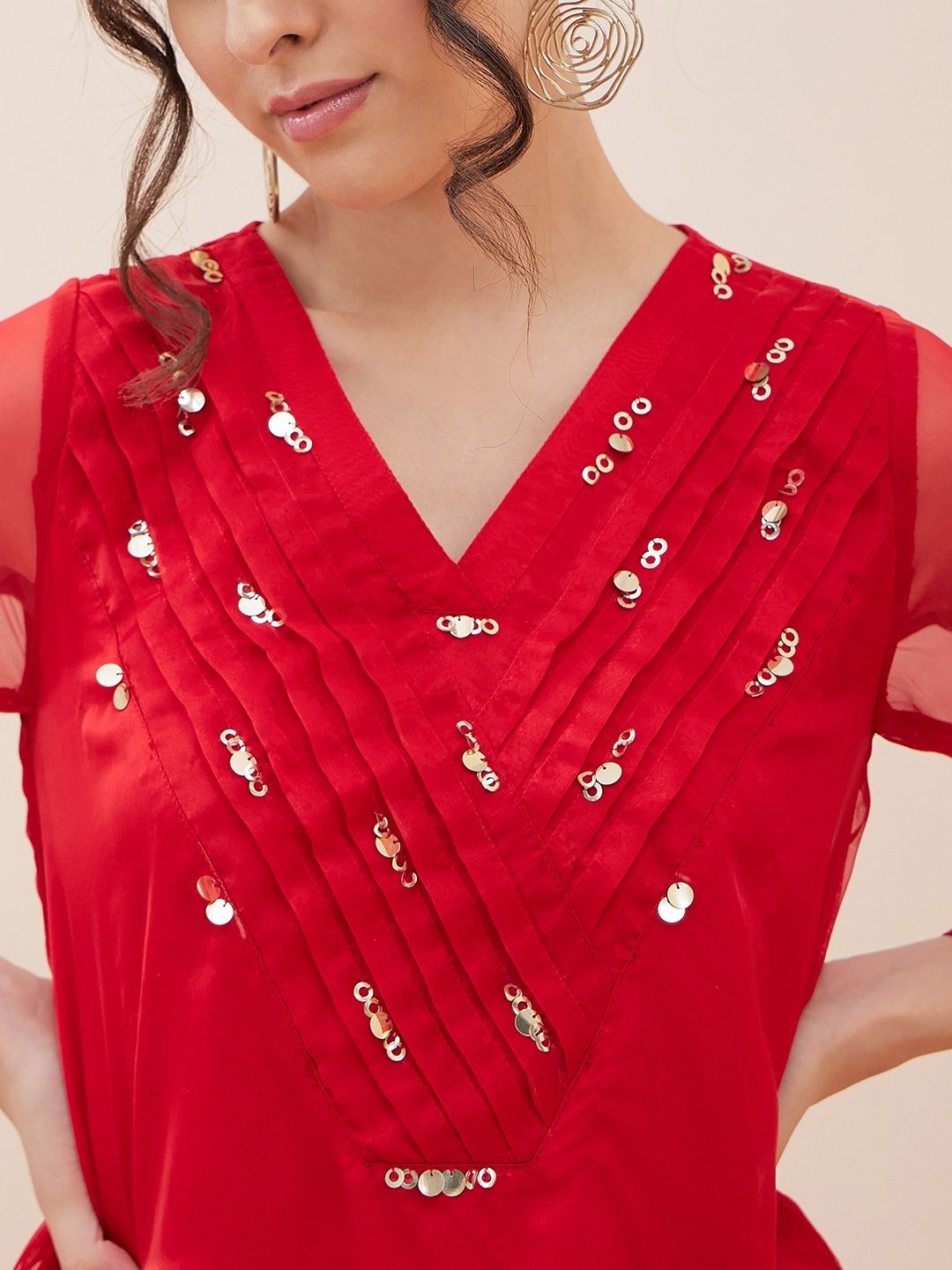 Antheaa Red Embellished Tunic With Palazzos
