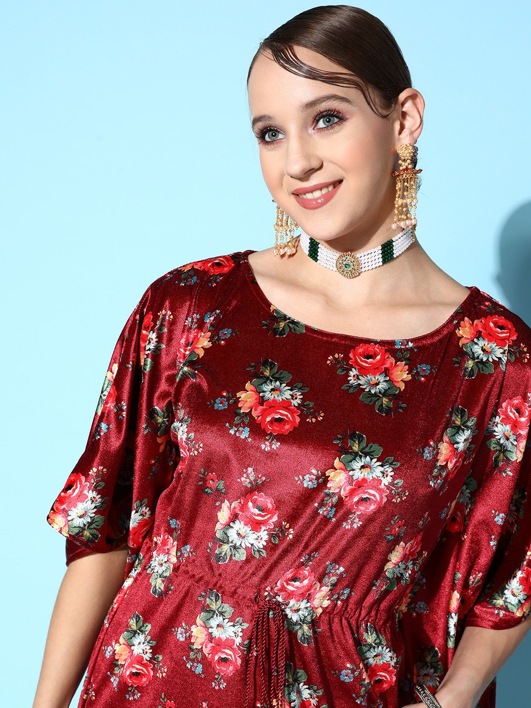 Shae by SASSAFRAS Maroon & Olive Green Floral Print Velvet Ethnic Kaftan Dress