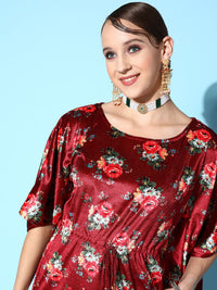Shae by SASSAFRAS Maroon & Olive Green Floral Print Velvet Ethnic Kaftan Dress