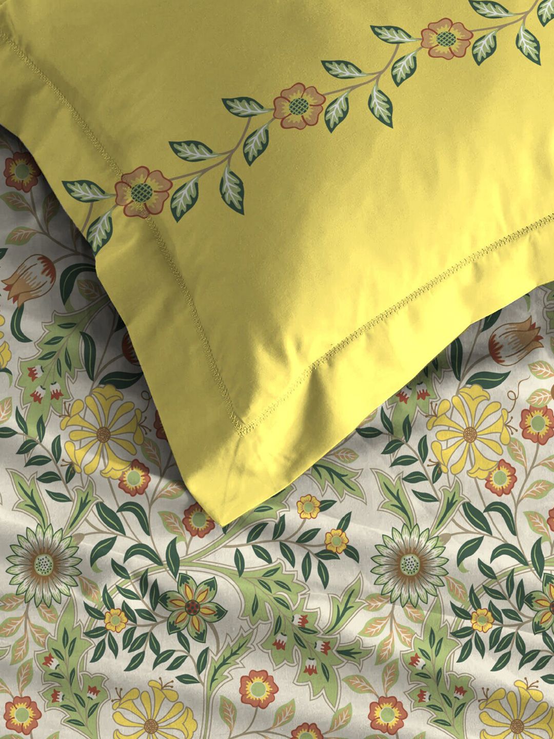 MYTRIDENT Beige  White Floral Pure Cotton 144 TC Queen Bedsheet With 2 Pillow Covers