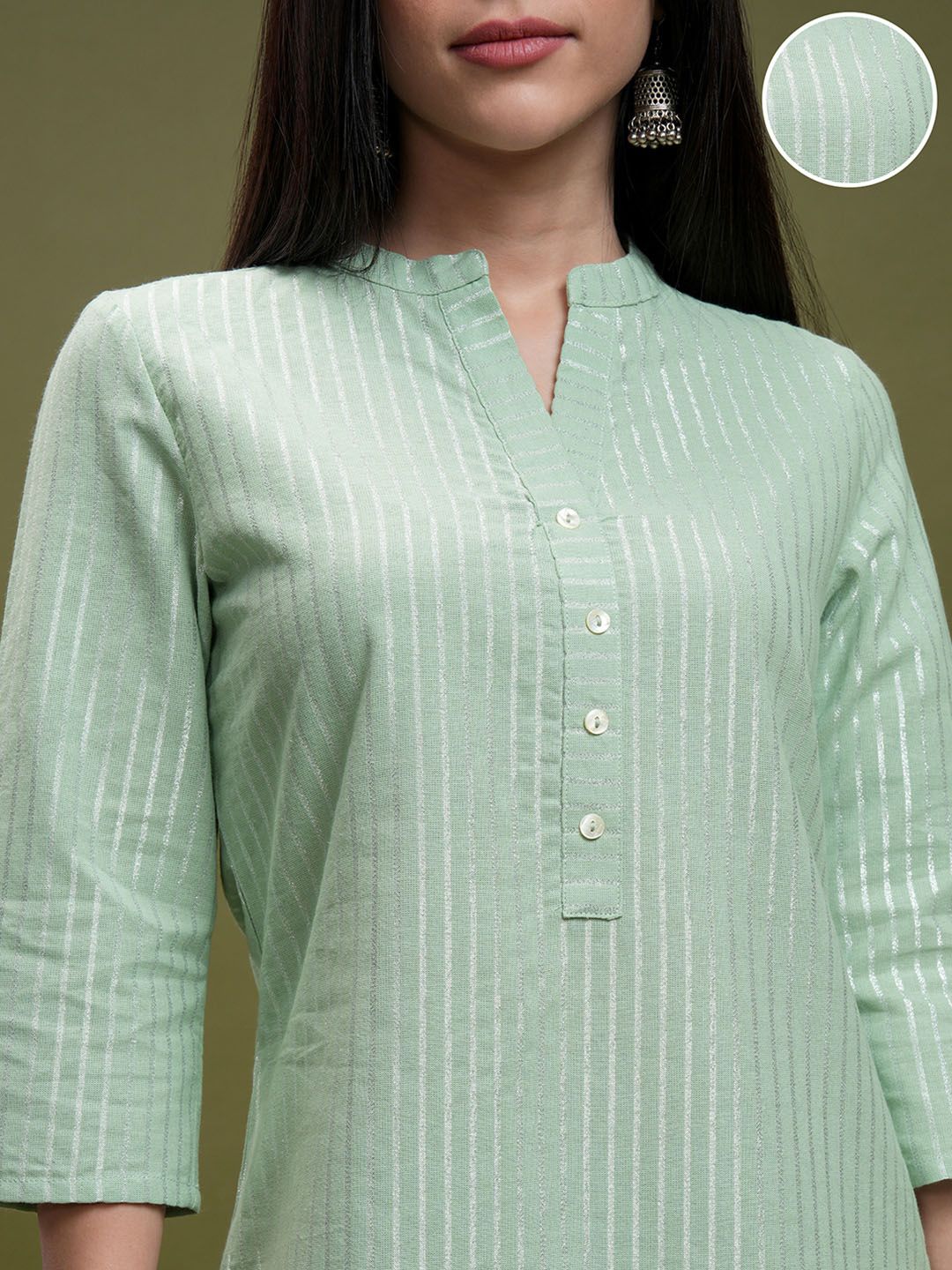 Vishudh Green Striped Mandarin Collar Pure Cotton Straight Kurta With Trousers